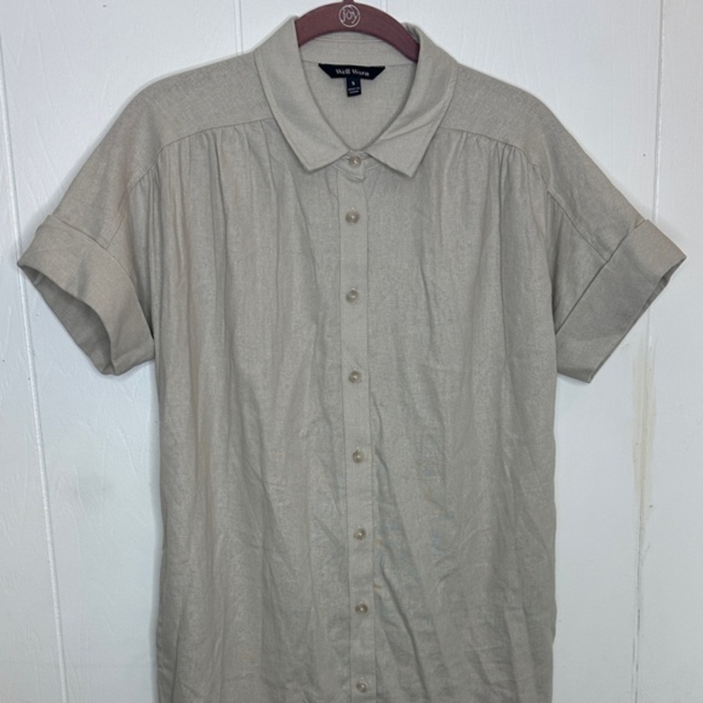 Well Worn Women's linen Beige Button-Up Midi Dress